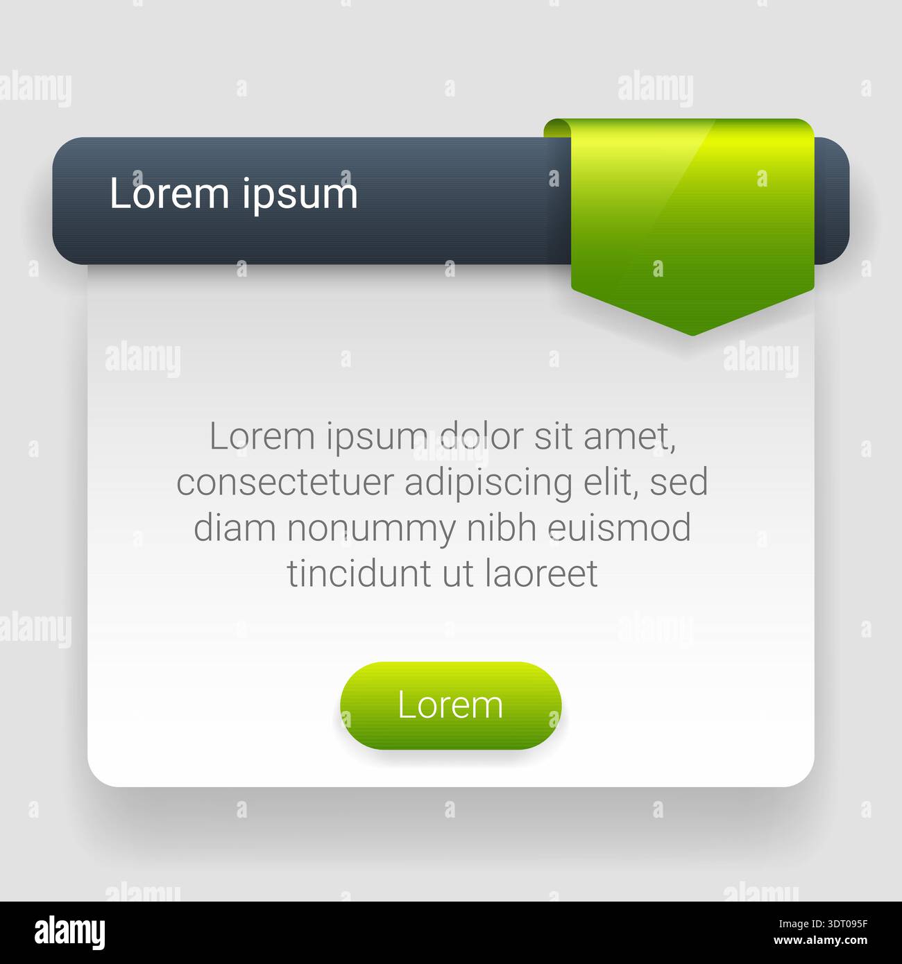 Modern web card interface design with dark header bar and green ribbon tag element Stock Vector