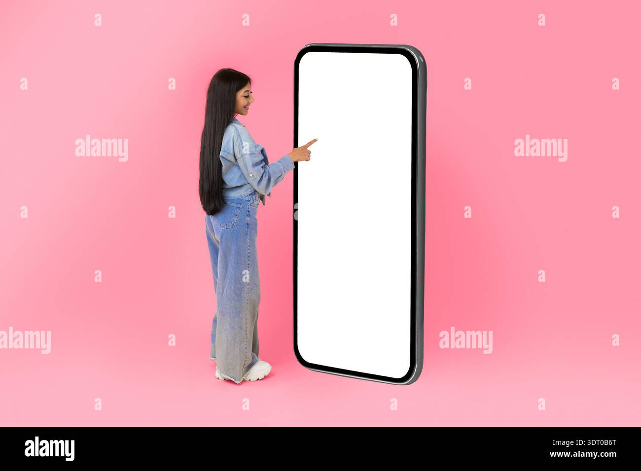 Woman using white empty smartphone screen panel Stock Photo