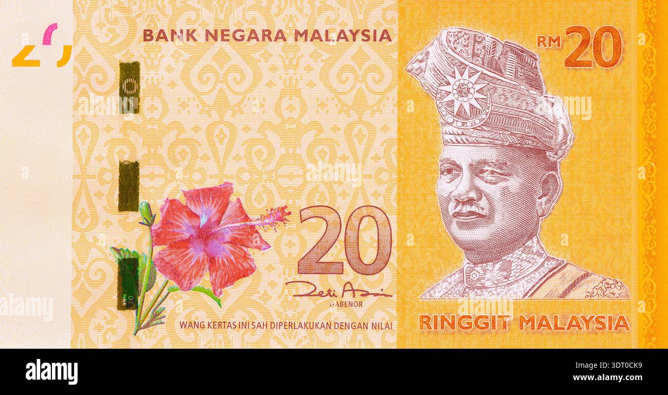 Twenty ringgit note floral portrait banknote features of currency Bank ...