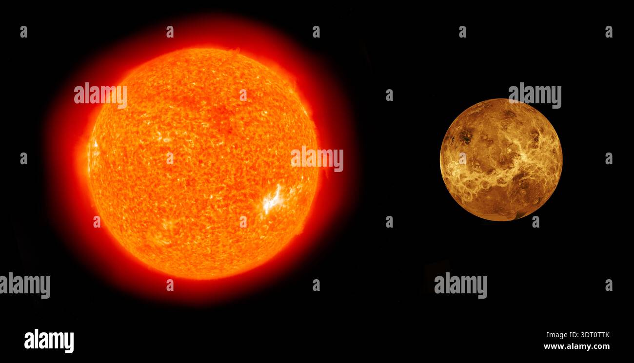 Sun and Venus planet comparison isolated on black background Stock ...