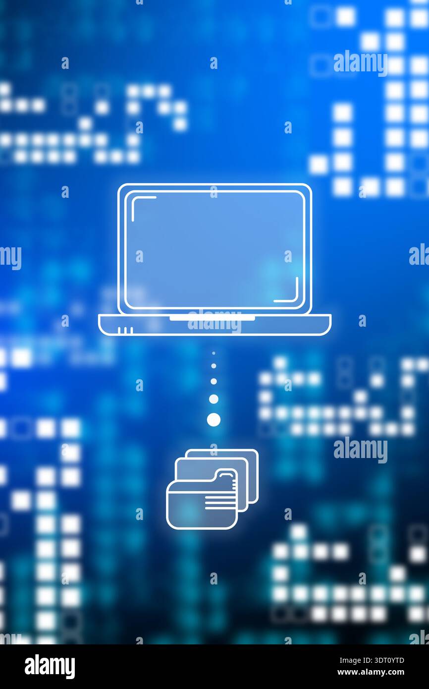 Data transfer from laptop to folder with digital interface in the background Stock Photo