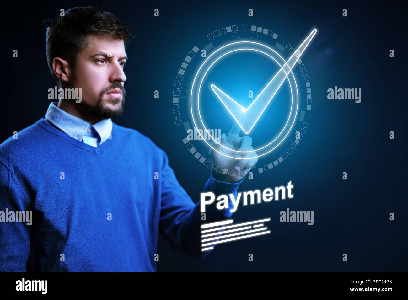 Man conducts banking invoice payment using digital technology in a modern setting Stock Photo
