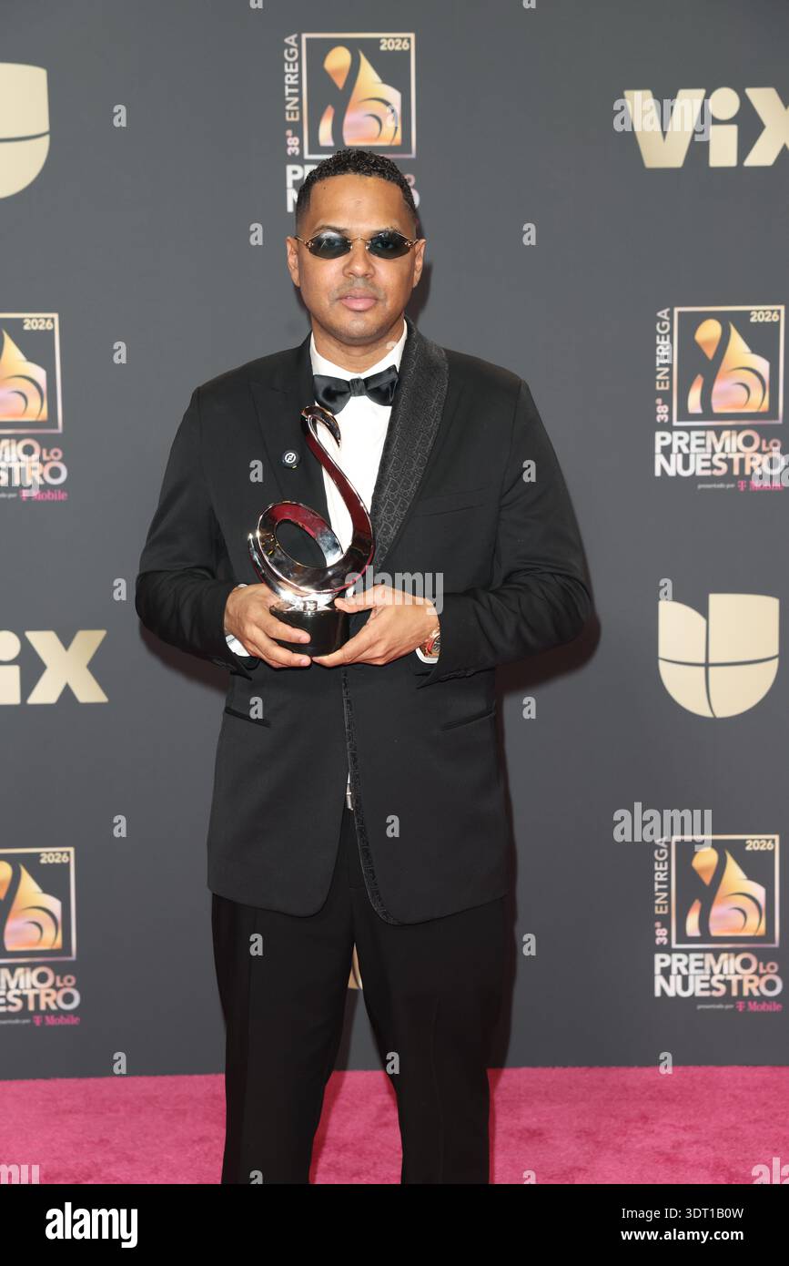 Miami, United States Of America. 18th Feb, 2026. MIAMI, FLORIDA - FEBRUARY  19: Santiago Matias, also known as Alofoke, poses with his award during  Univision's 38th Premio Lo Nuestro at Kaseya Center