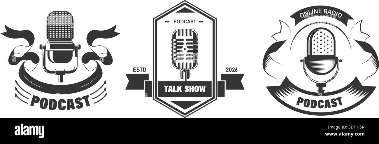 Retro Podcast Badge Logo Set Stock Vector