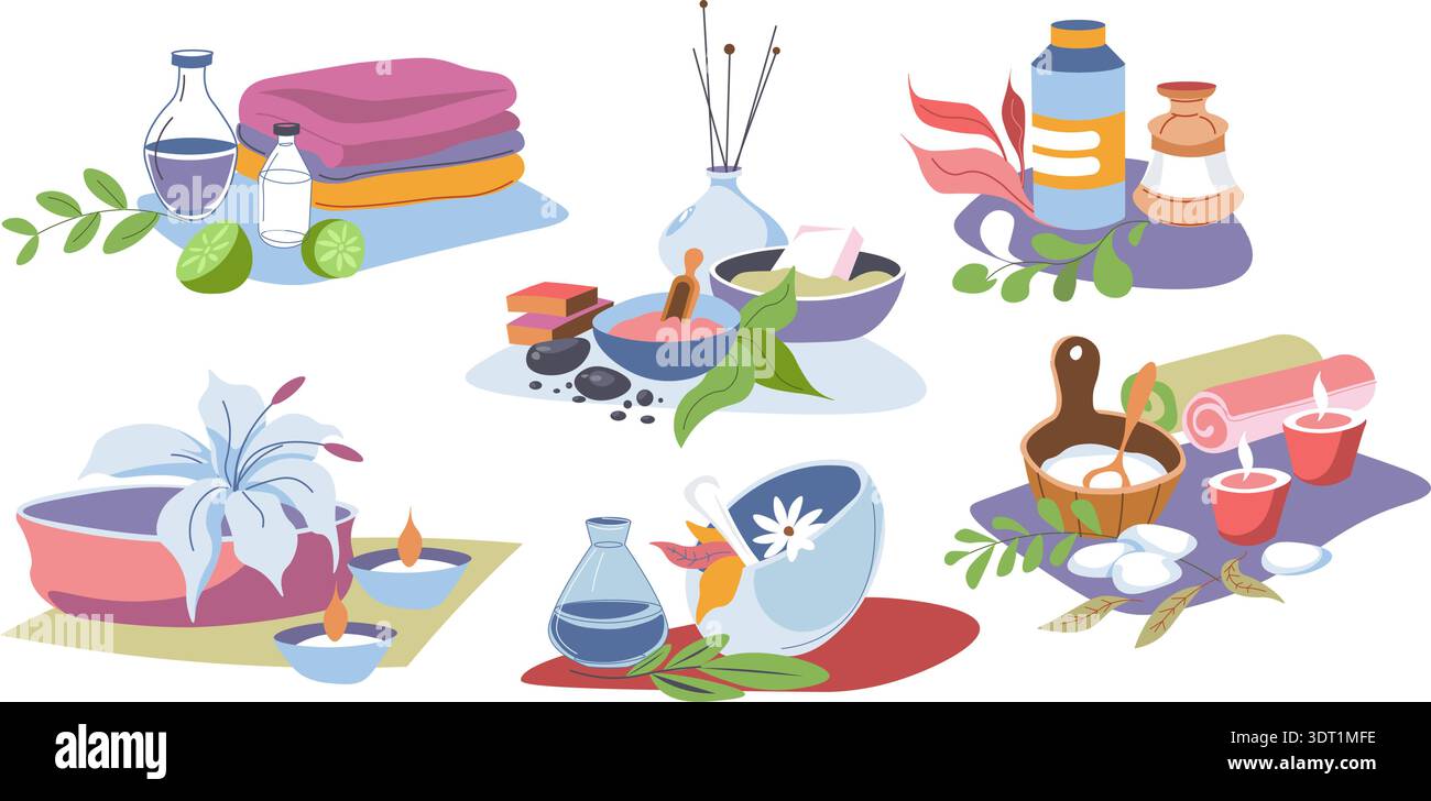 Flat Spa Wellness Still Life Set Stock Vector