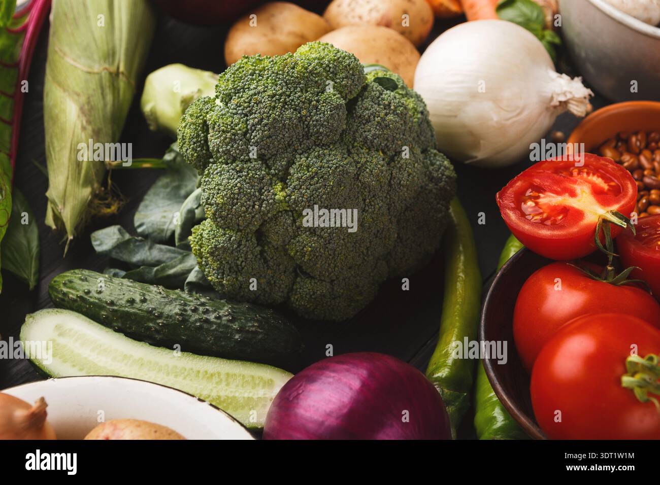 Collection of Fresh Vegetables Arranged on a Dark Surface Stock Photo