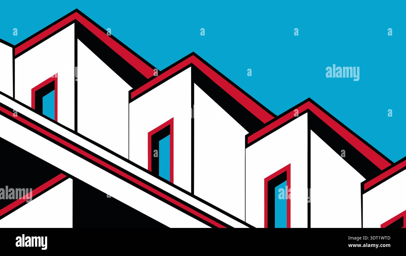 A striking minimalist illustration showcasing modern architecture. The design features geometric shapes with bold black, white, and red lines against Stock Photo