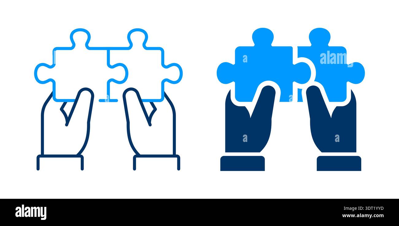 Hands with puzzle pieces icon. Representing teamwork, problem solving, and collaboration in both outline and filled styles. Stock Vector