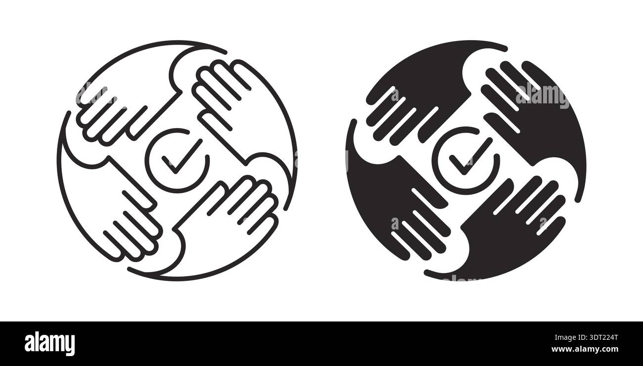 Hands collaboration icon. Representing teamwork, support, unity, and a shared goal in outline and solid icons. Stock Vector