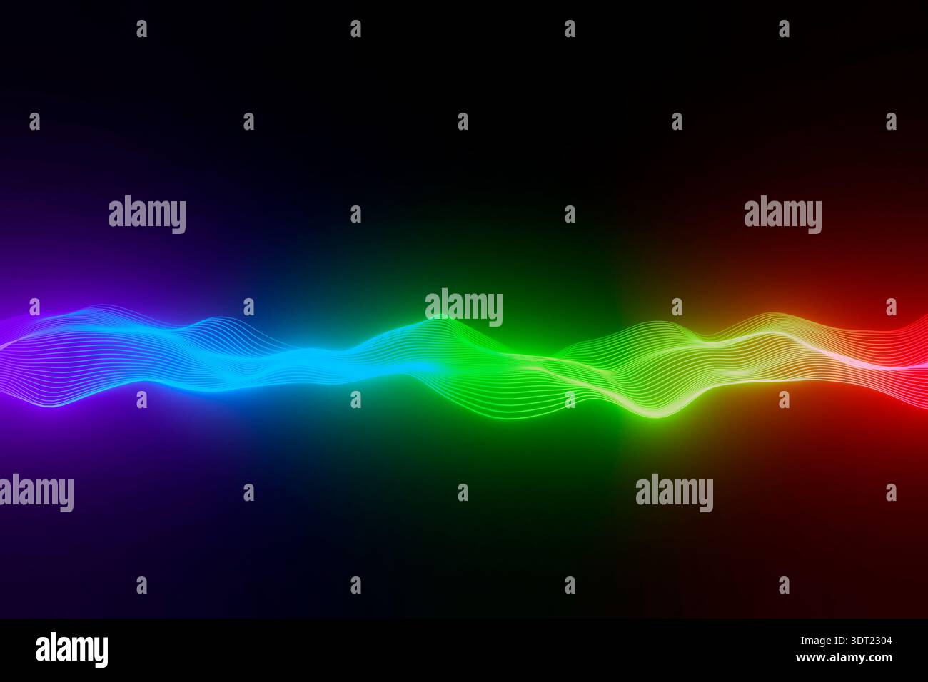 Abstract digital image showing colorful neon wave lines flowing across a dark gradient background. No people present. Modern technology and design con Stock Photo