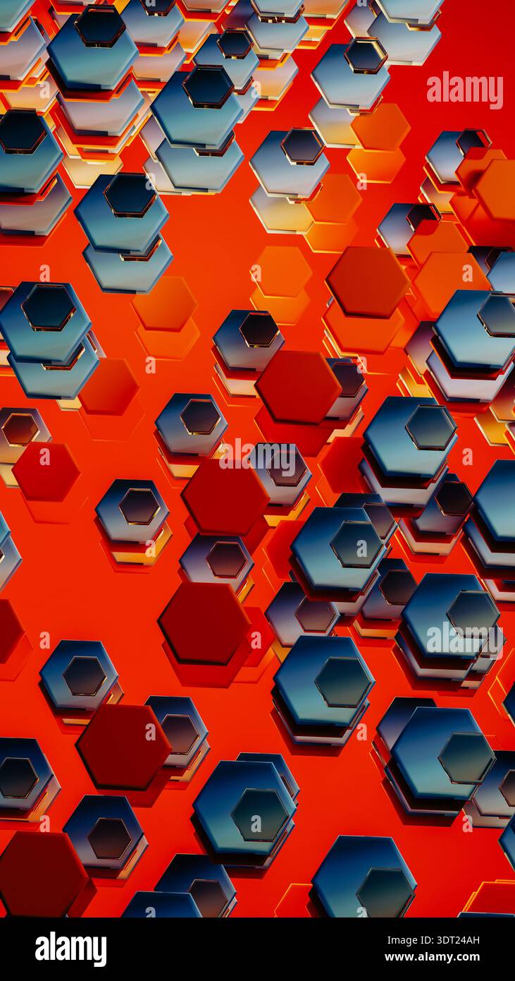 Colorful hexagonal shapes form a complex 3D geometric design that showcases modern technology. The pattern has a vibrant red backdrop. Stock Photo
