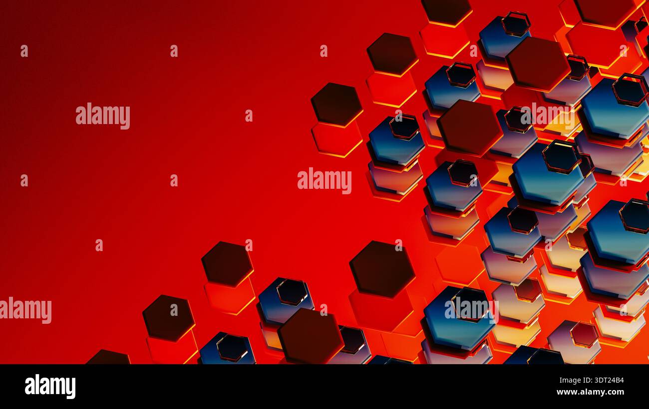 Colorful hexagonal shapes form a complex 3D geometric design that showcases modern technology. The pattern has a vibrant red backdrop. Stock Photo