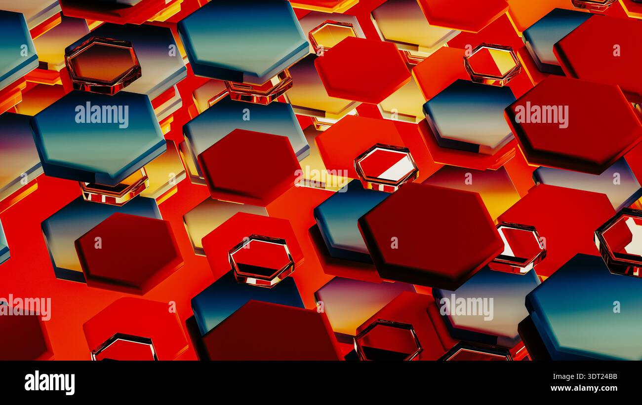 Colorful hexagonal shapes form a complex 3D geometric design that showcases modern technology. The pattern has a vibrant red backdrop. Stock Photo