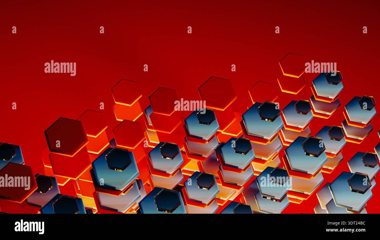 Colorful hexagonal shapes form a complex 3D geometric design that showcases modern technology. The pattern has a vibrant red backdrop. Stock Photo