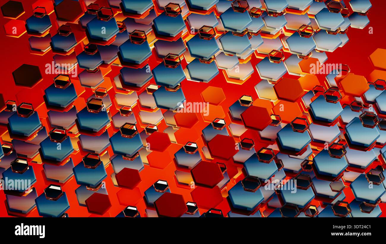 Colorful hexagonal shapes form a complex 3D geometric design that showcases modern technology. The pattern has a vibrant red backdrop. Stock Photo