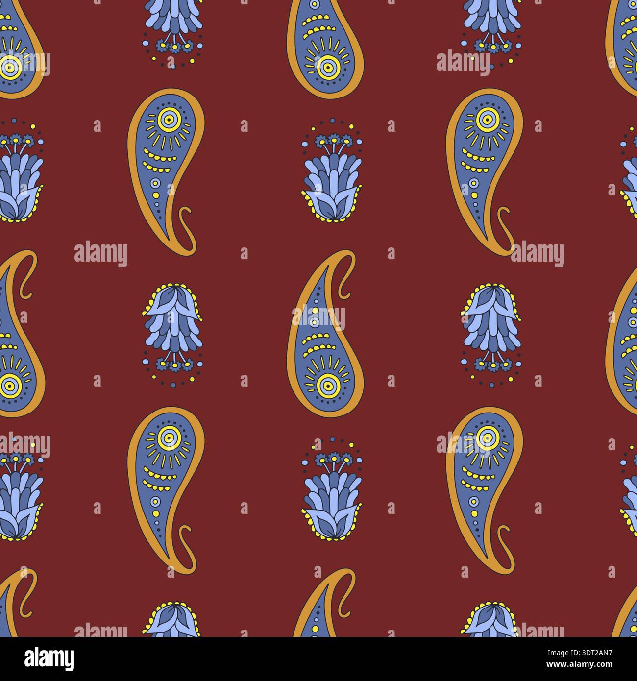 Seamless pattern with blue Paisley motifs Stock Vector