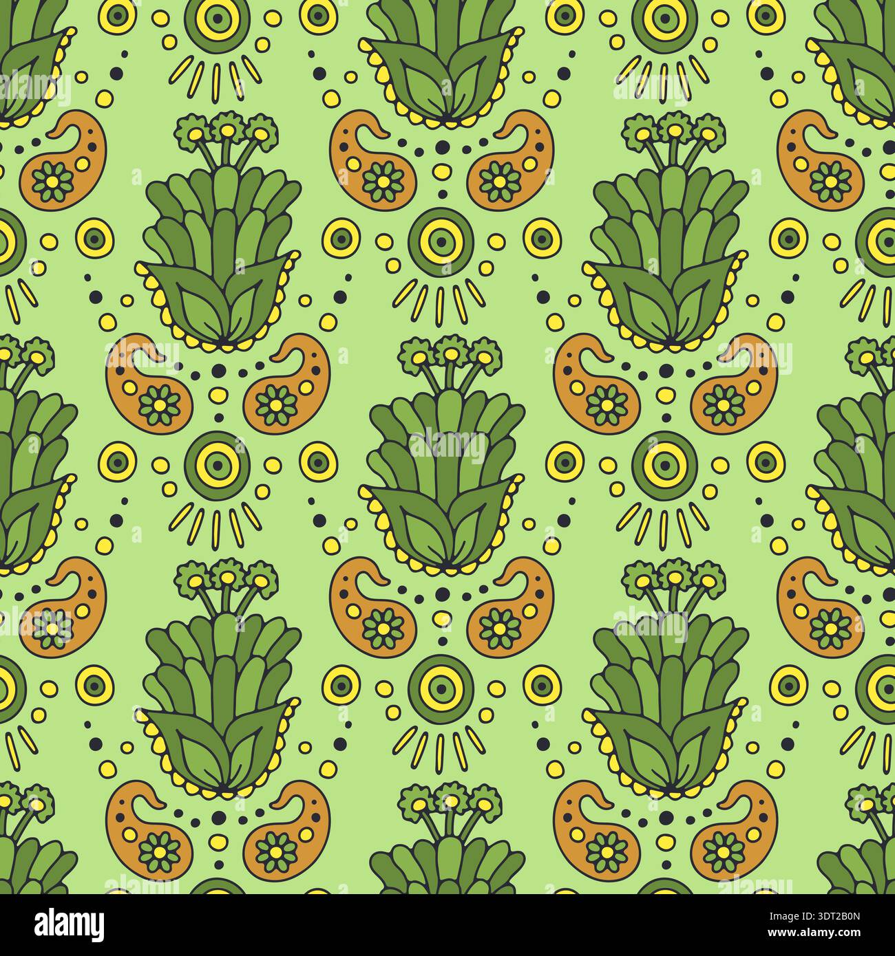 Hand drawn intricate Paisley seamless pattern on green background Stock Vector