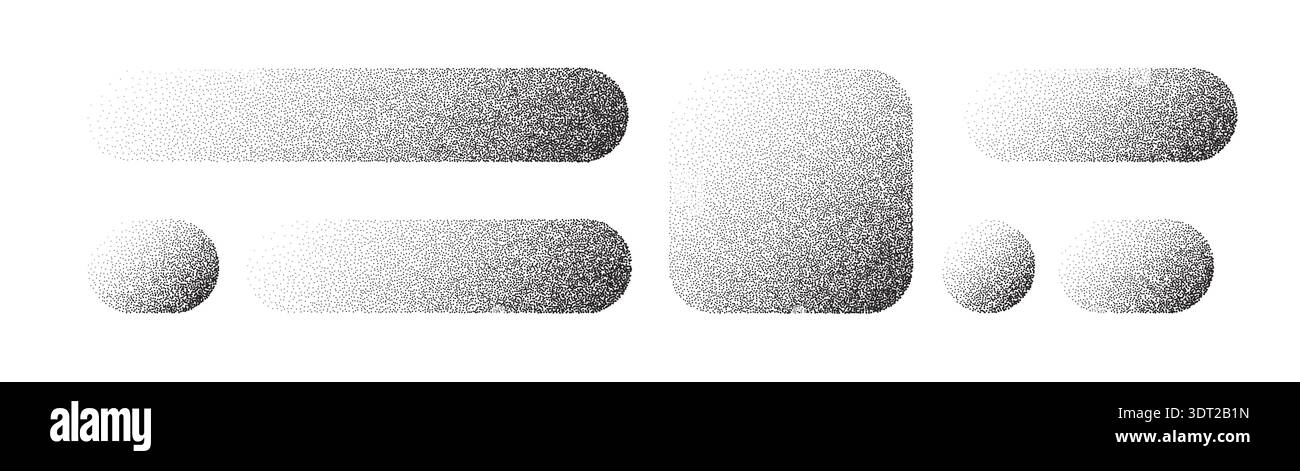 Grainy button set with dotted texture and gradient effects. Abstract stipple patterns create modern noise backgrounds with subtle grain overlay for Stock Vector