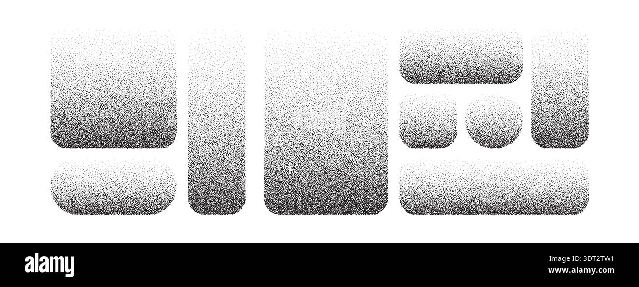 Abstract stipple button collection featuring halftone patterns, gradient overlays. Modern grainy backgrounds with subtle noise effects perfect for Stock Vector