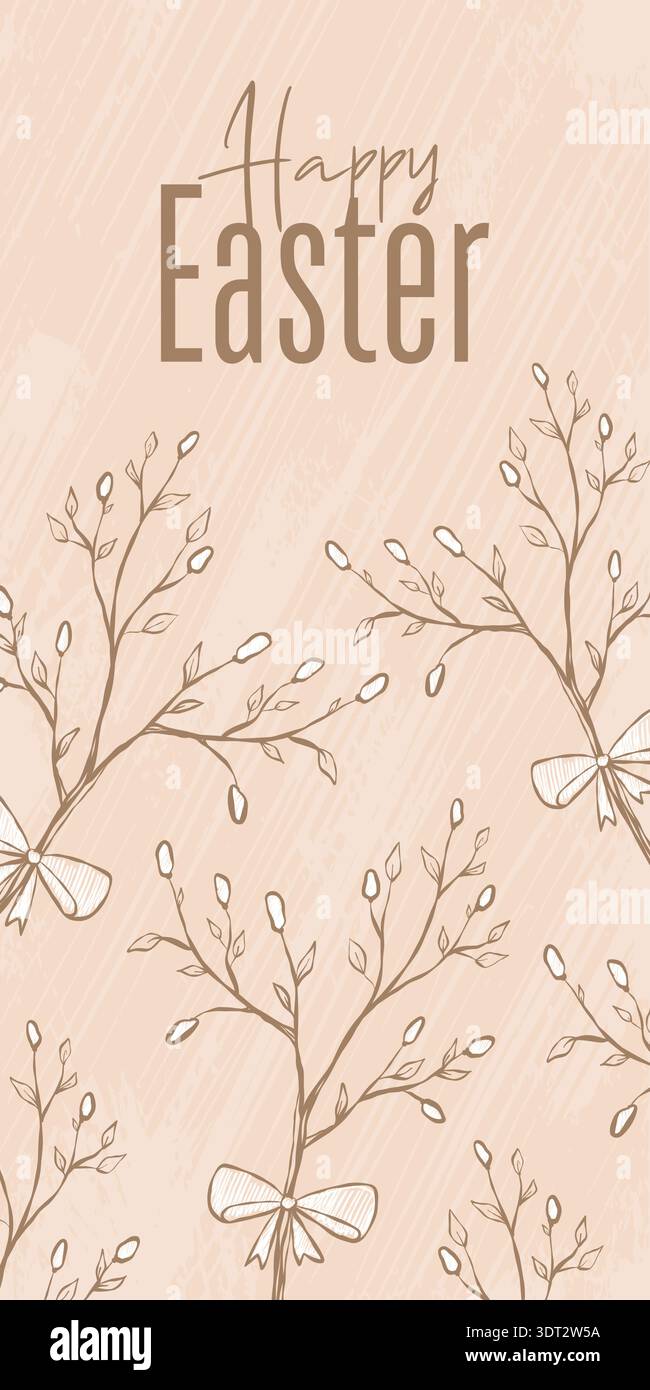 Vintage Easter card design with crayon-style willow branches. Stock Vector