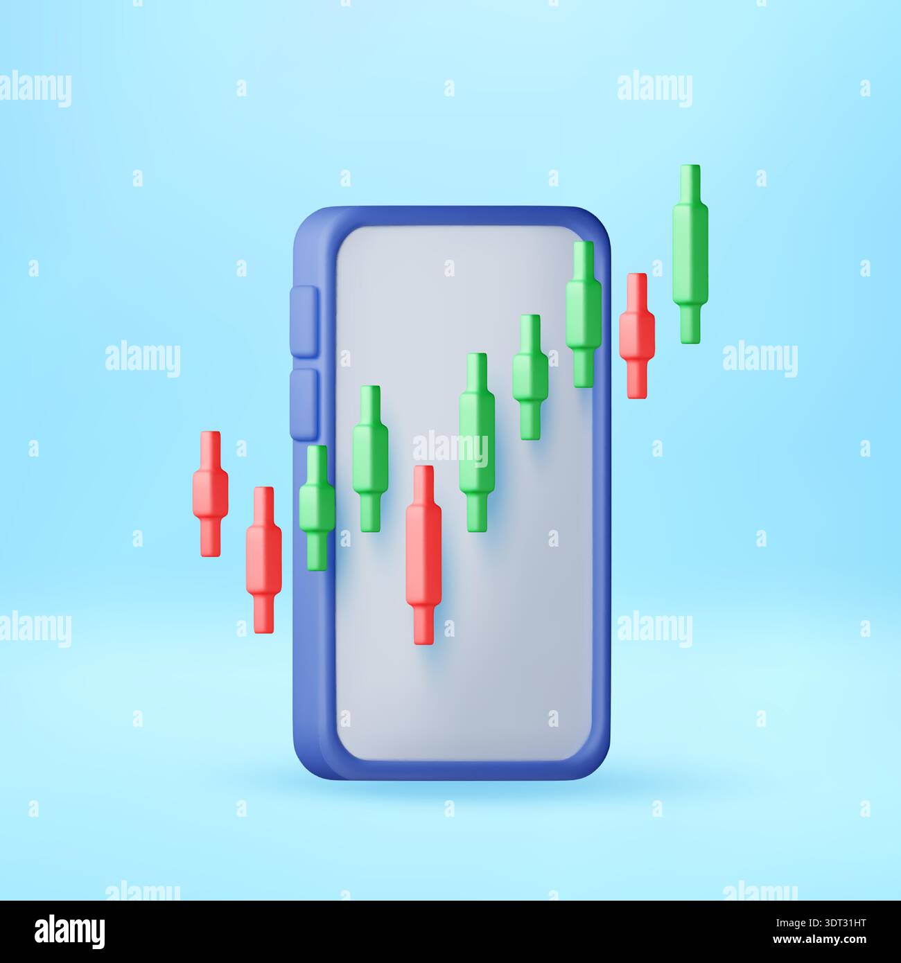 3D Mobile phone with candlestick chart on screen Stock Vector