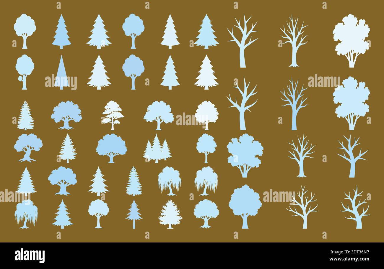 Various Tree Silhouettes Collection Vector Set Isolated on Brown Background Stock Vector
