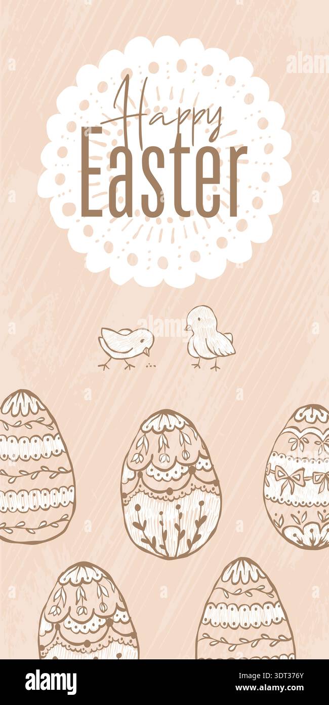 Whimsical Easter poster template with chick, egg, bow, and floral elements.  Stock Vector