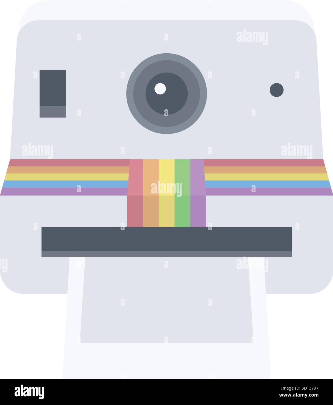 Retro instant photo camera with a rainbow stripe and front lens in a flat style Stock Vector