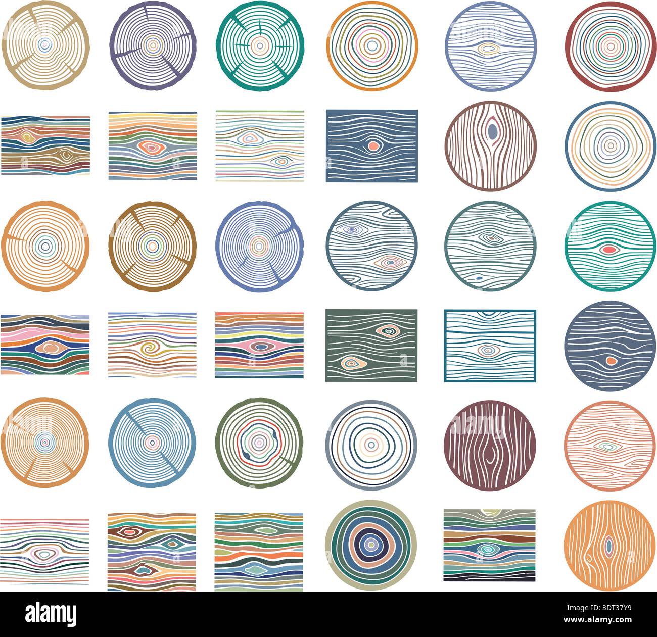 Colorful Wood Grain and Tree Ring Pattern Collection Vector Set Stock Vector