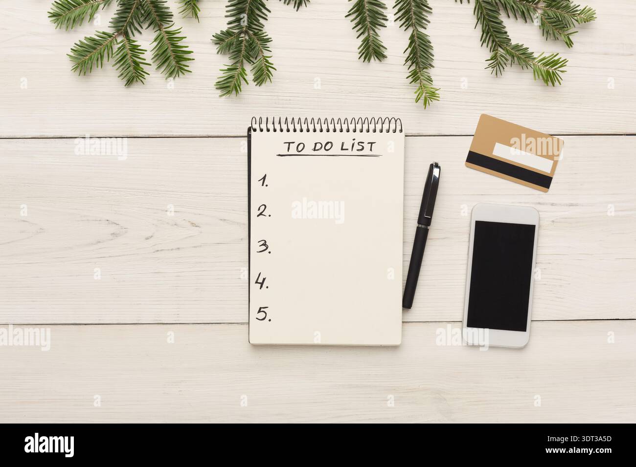 Mosaic of a to Do List With Phone and Card on a Wooden Table Setting Stock Photo