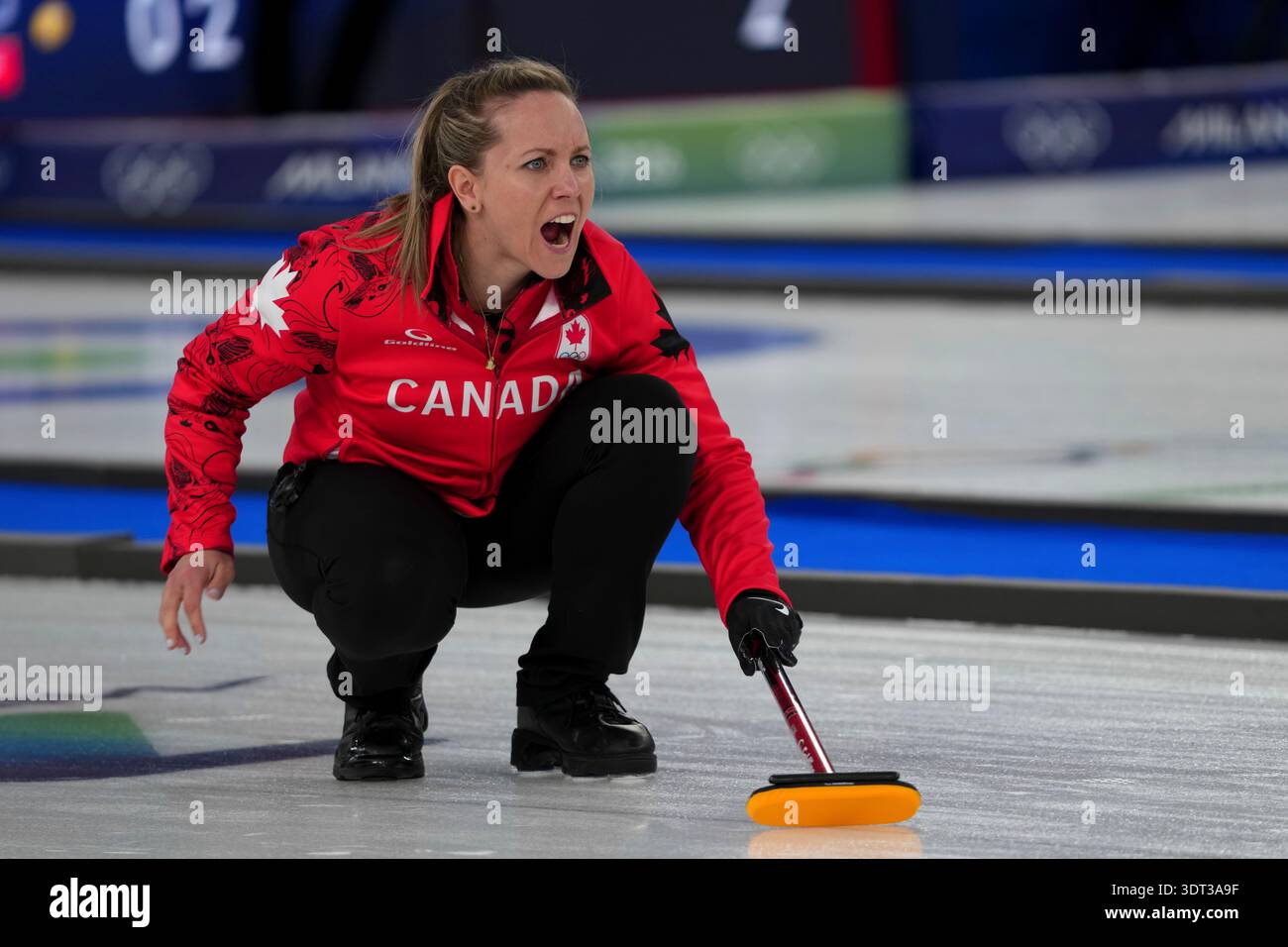 Canada's Rachel Homan reacts during a women's curling semifinal match ...