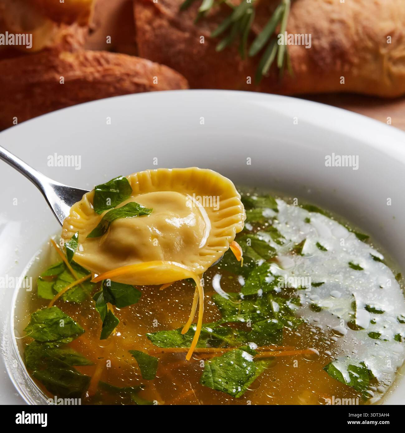 handmade ravioli in a clear herb-infused bouillon, capturing the ...