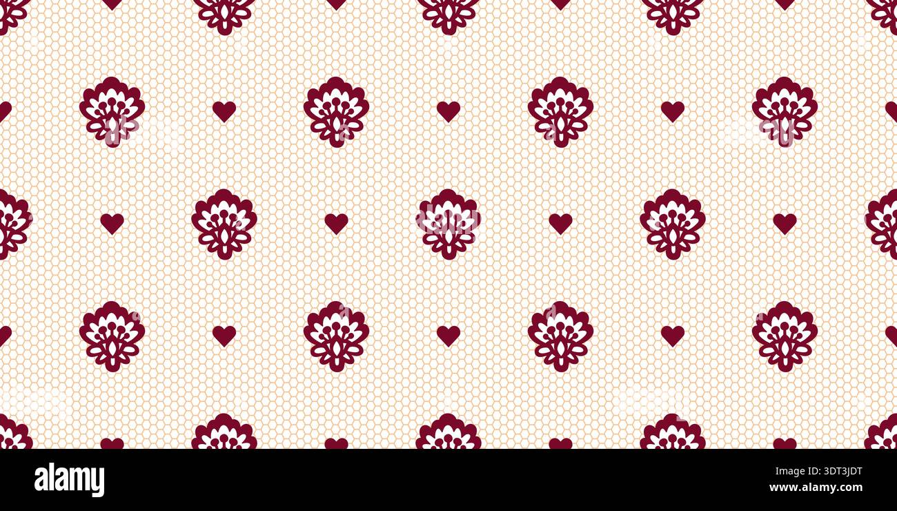 Lace Vintage Flower Heart Seamless Pattern Ornate Coquette Girly Vector Background For Greeting Card And Invitation. Retro Romantic Valentines Guipure Braid Romantic Textile Stock Vector