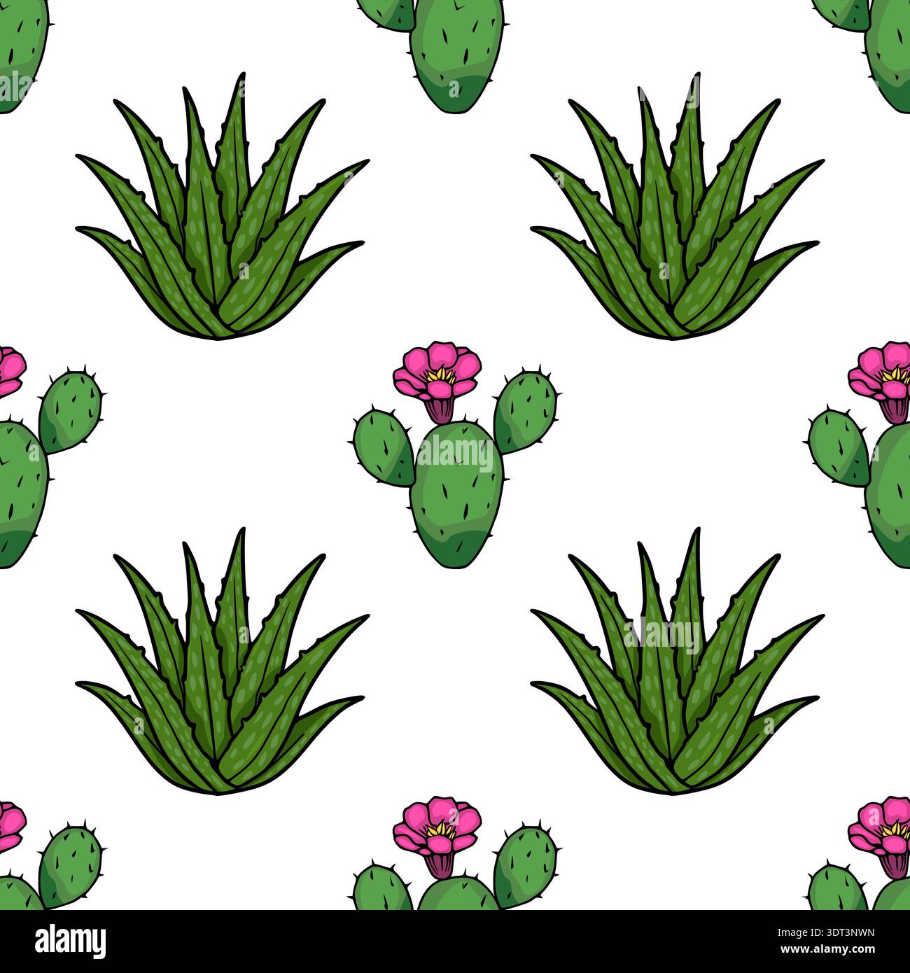Seamless vector pattern of green cacti and aloe vera plants with pink flowers Stock Vector