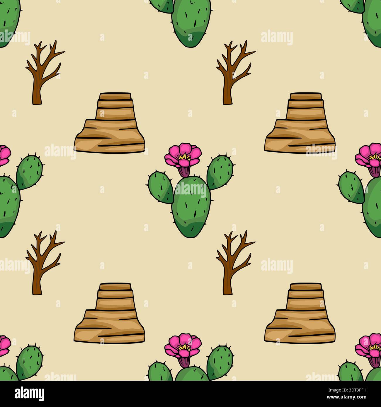 Seamless vector pattern of desert landscape with cacti and rock formations Stock Vector