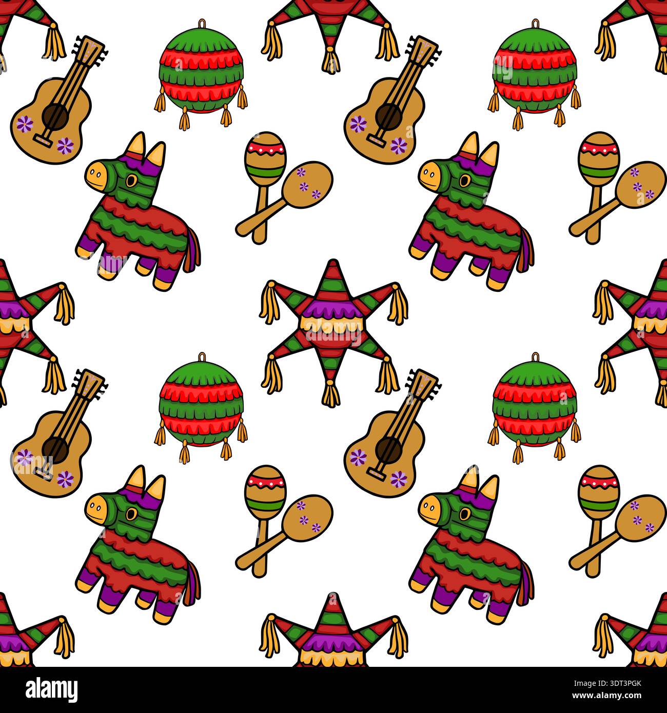 Festive Cinco de Mayo vector pattern with pinatas, guitars, and maracas on a white background. Stock Vector