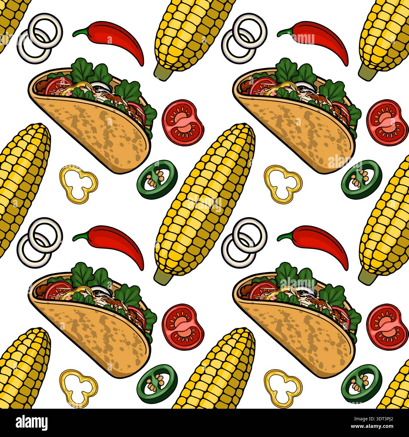 Festive vector pattern with tacos, corn, chili peppers, and fresh vegetables Stock Vector