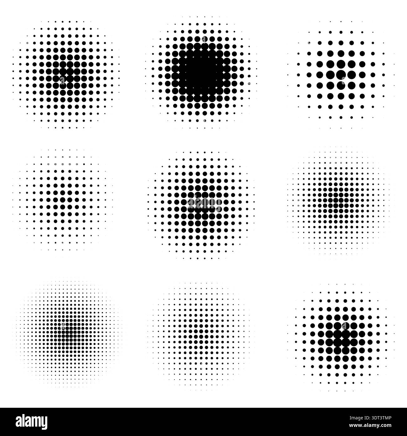 Halftone circles set. Abstract radial dot gradient elements. Modern geometric design elements featuring varying density and scale. For posters vector. Stock Vector