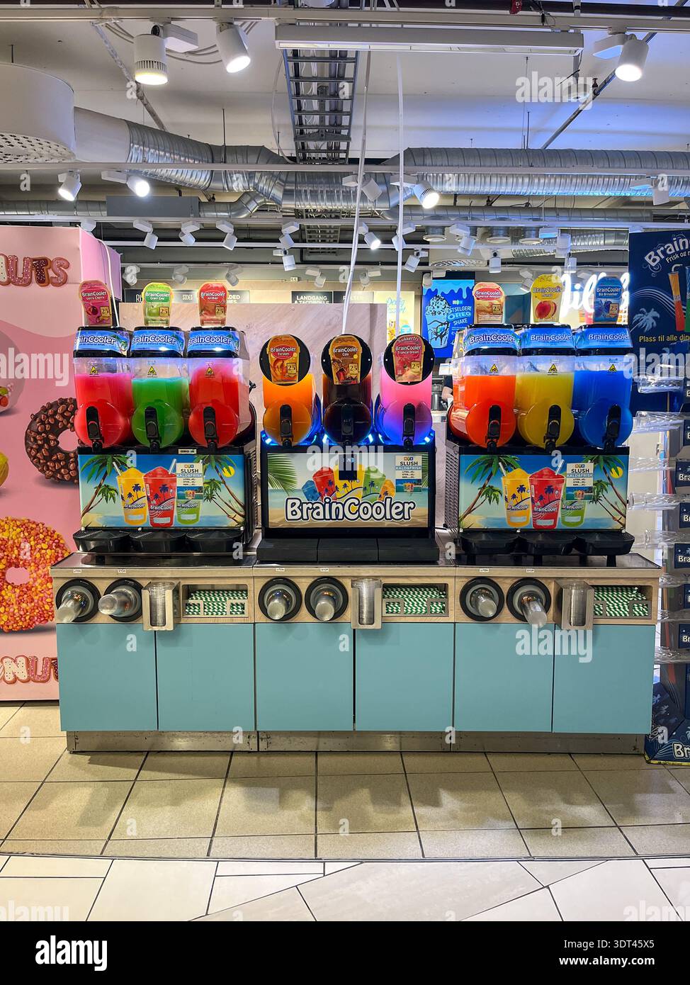 Commercial BrainCooler slush machine station inside a shopping mall in Tromsø, Norway. - Smartphone Captured Stock Image
