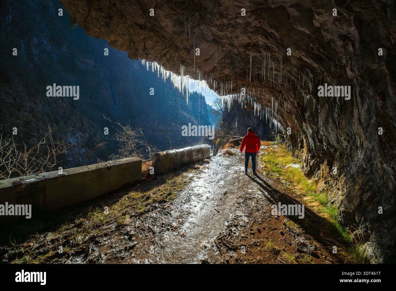 The old Via Mala di Scalve road in winter. Dezzo di Scalve, Val di Scalve, Bergamo province, Lombardy, Italy. Stock Photo