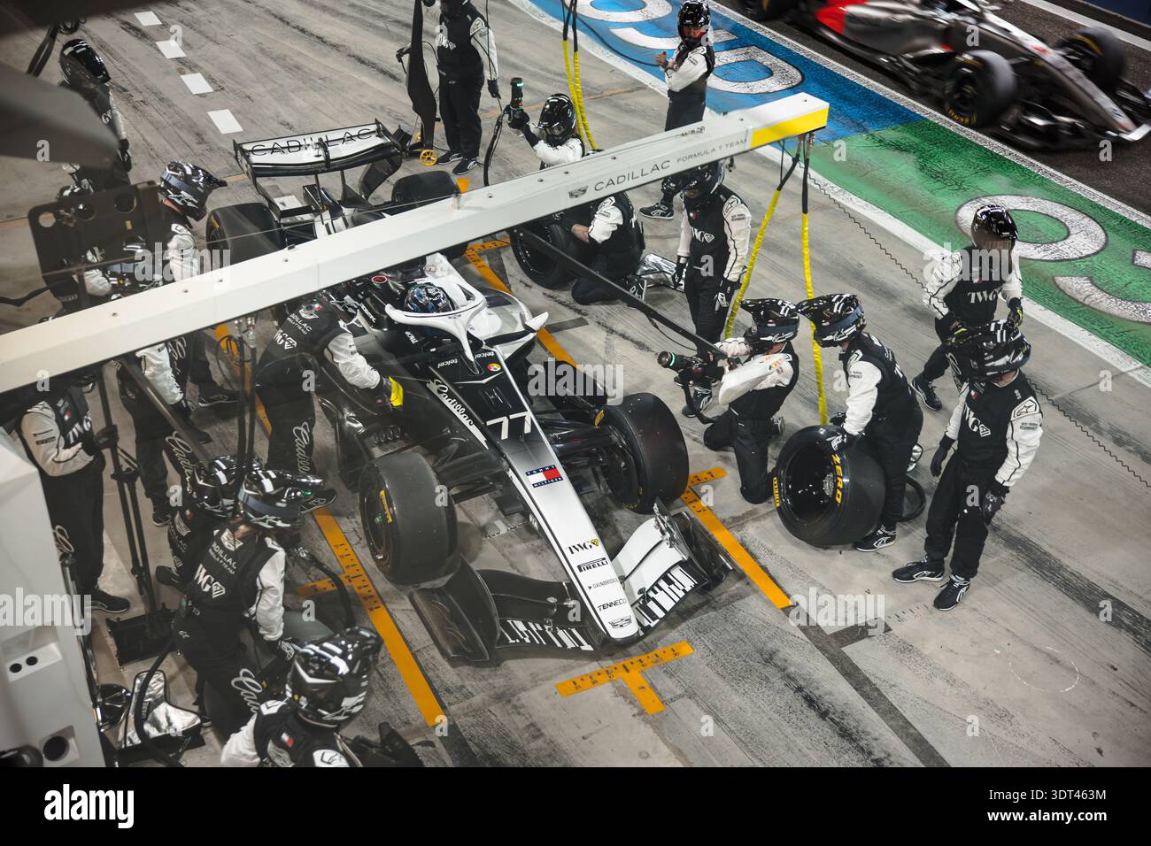 Valtteri Bottas (FIN) Cadillac Formula 1 Team CA01 practices a pit stop ...