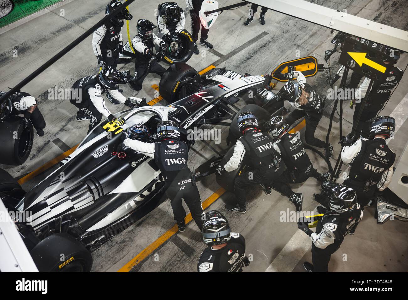 Valtteri Bottas (FIN) Cadillac Formula 1 Team CA01 practices a pit stop ...