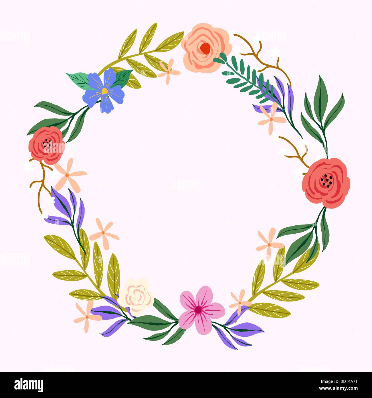 Floral wreath illustration featuring colorful flowers and green leaves on a light pink background Stock Vector