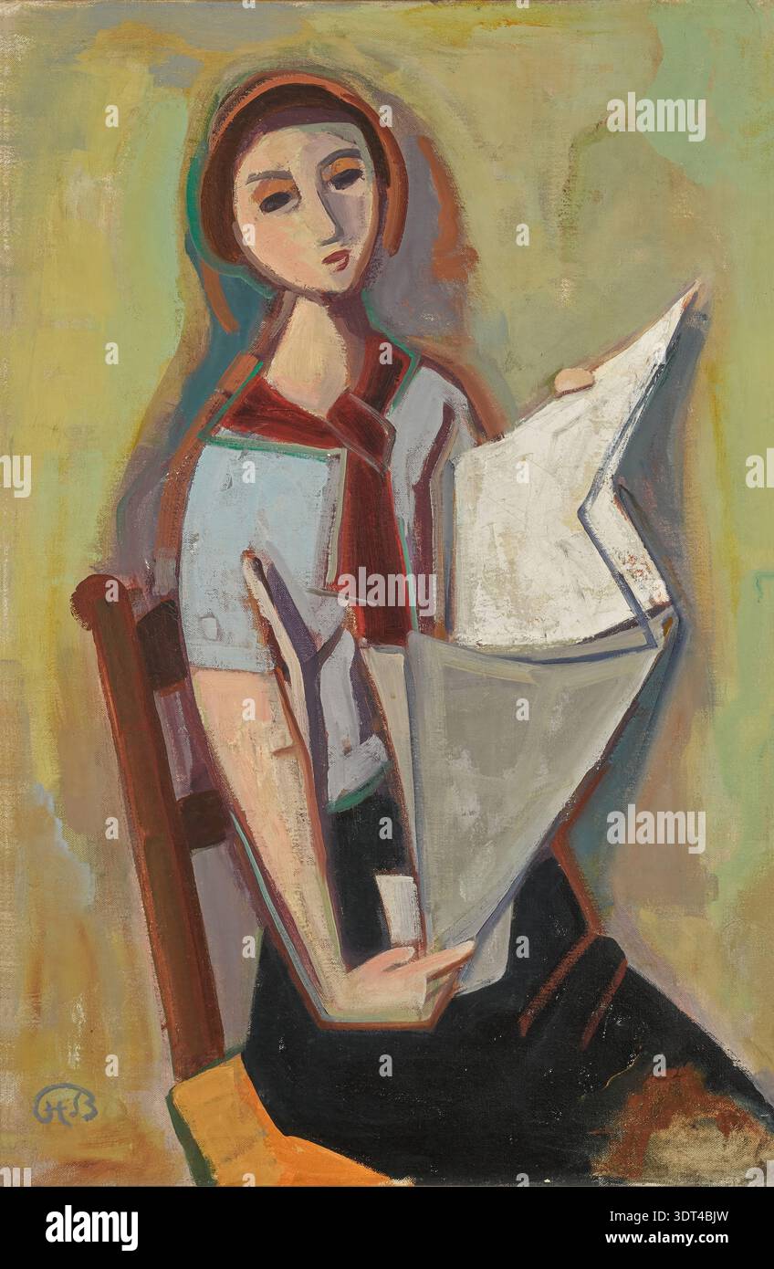 Karl Christian Ludwig Hofer, auch Carl Hofer (geb. 11. Oktober 1878, gest. 3. April 1955), deutscher Maler des Expressionismus und des expressiven Realismus. Hier sein Werk Zeitungslesende junge Frau, Young Woman Reading a Newspaper (1953), Gem?lde, Reproduktion des Gem?ldes, Originalzustand, Kunstwerk, Historisch Stock Photo