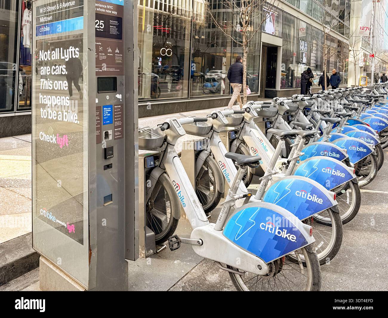 New York, USA - 23 January 2026:  Row of bicycles sponsored by Cit Bike in their parking stations in Manhattan. The bikes can be rented - Smartphone Captured Stock Image