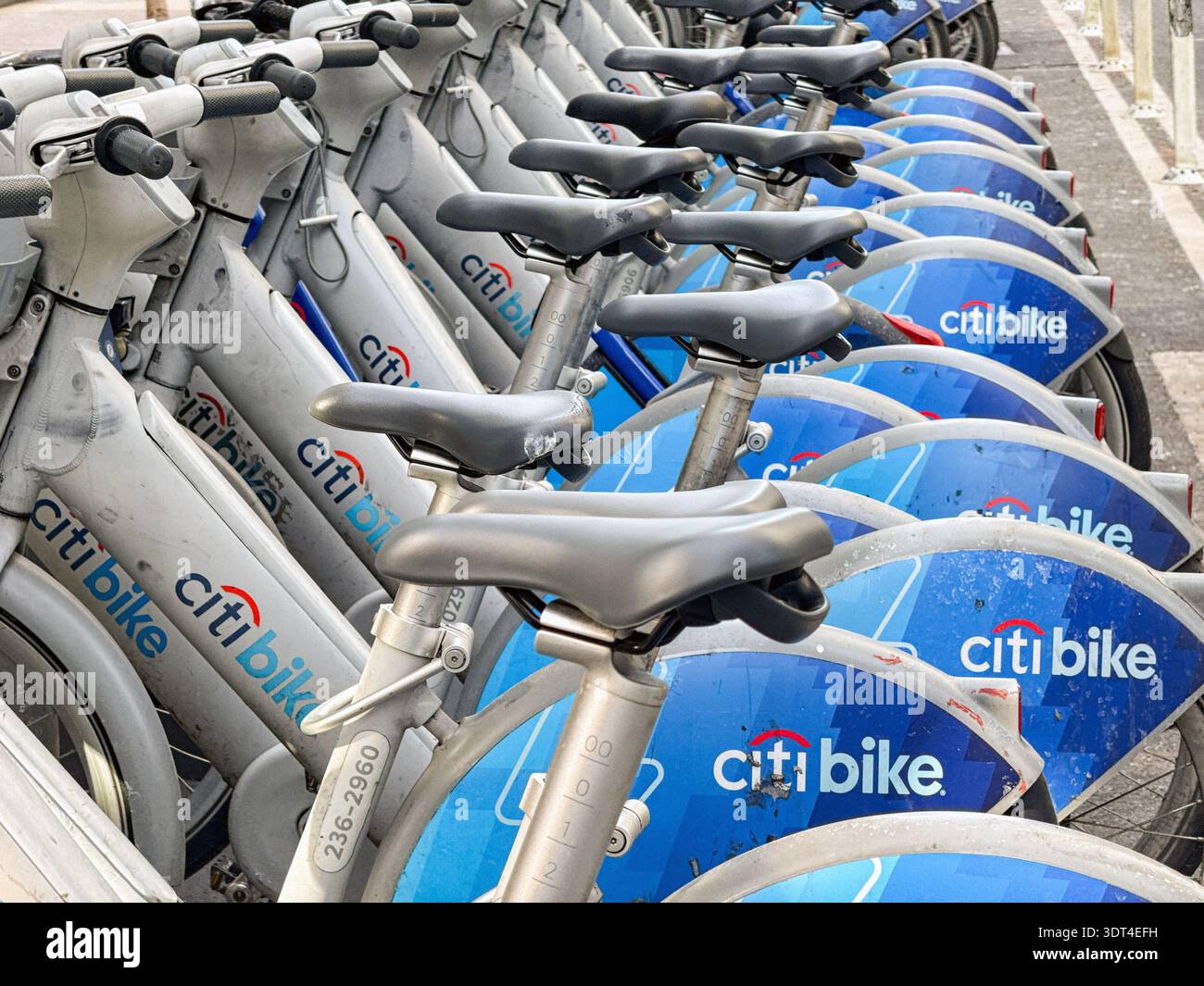 New York, USA - 23 January 2026:  Row of bicycles sponsored by Cit Bike in their parking stations in Manhattan. The bikes can be rented - Smartphone Captured Stock Image