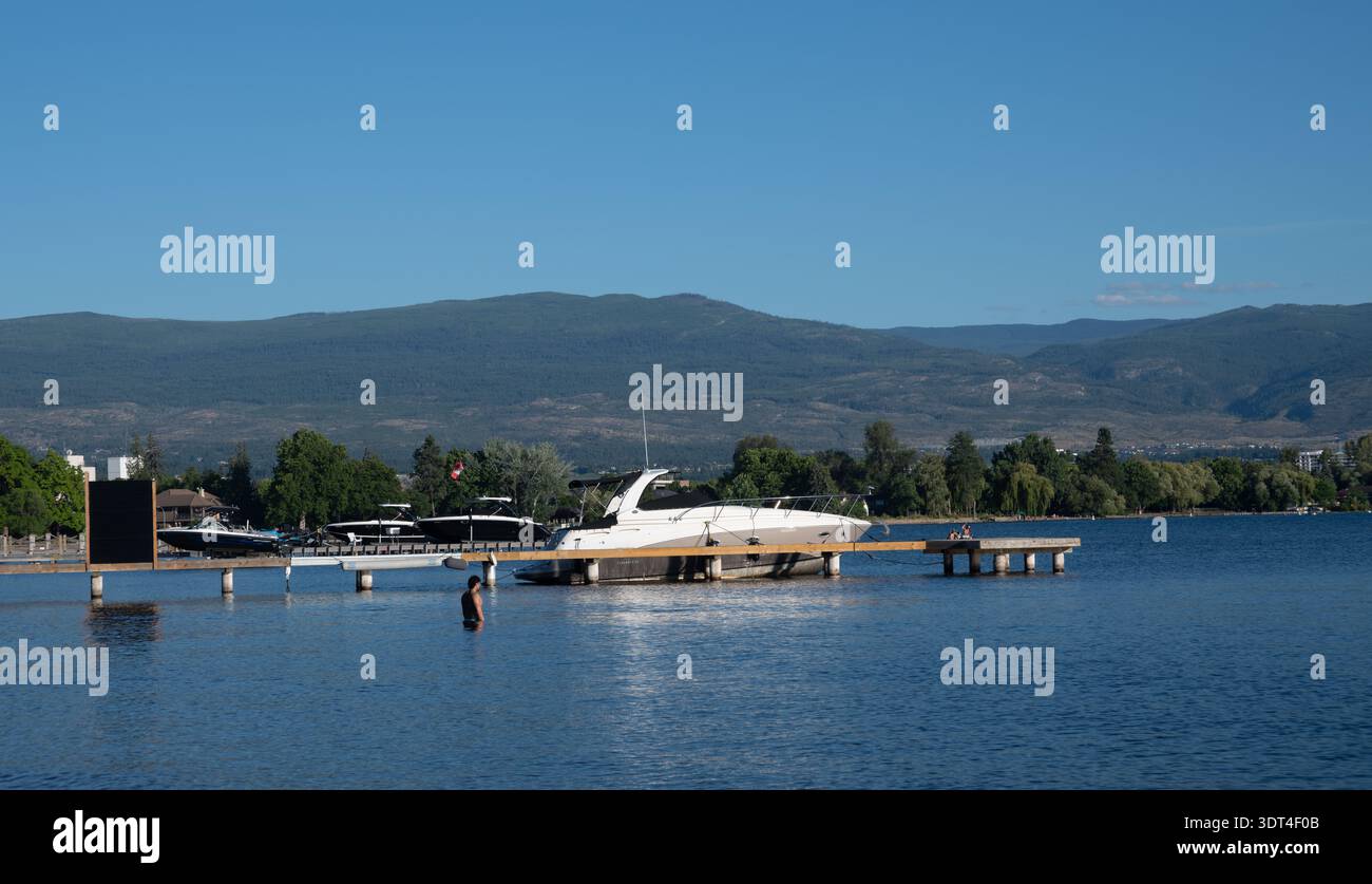 Motor yachts at Kelowna South West, on Lake Okanogan, Canada. Stock Photo