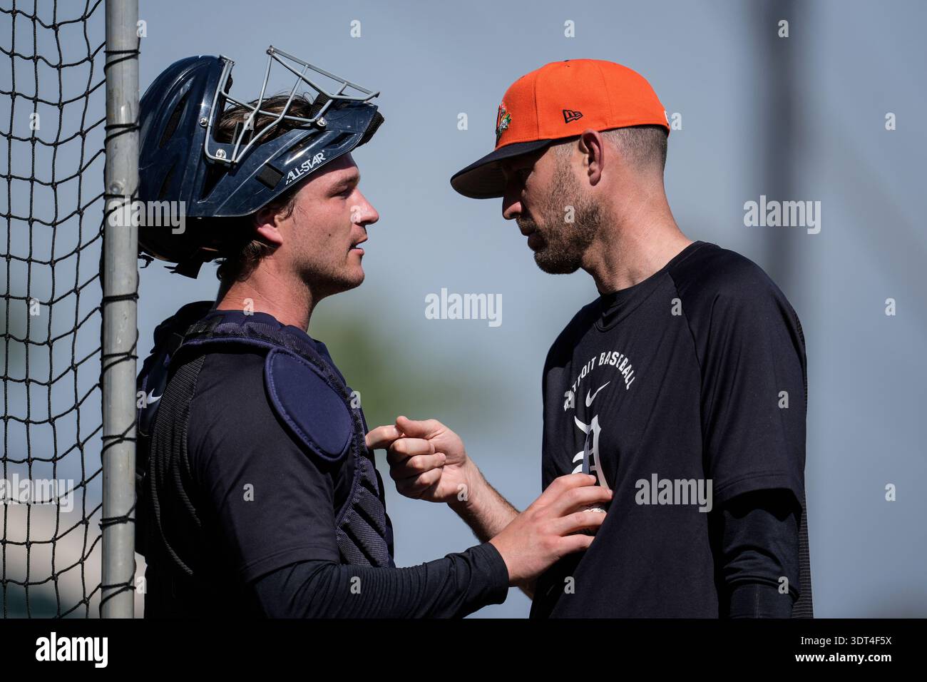 Detroit Tigers catcher Dillon Dingler speaks with pitching coach Chris ...