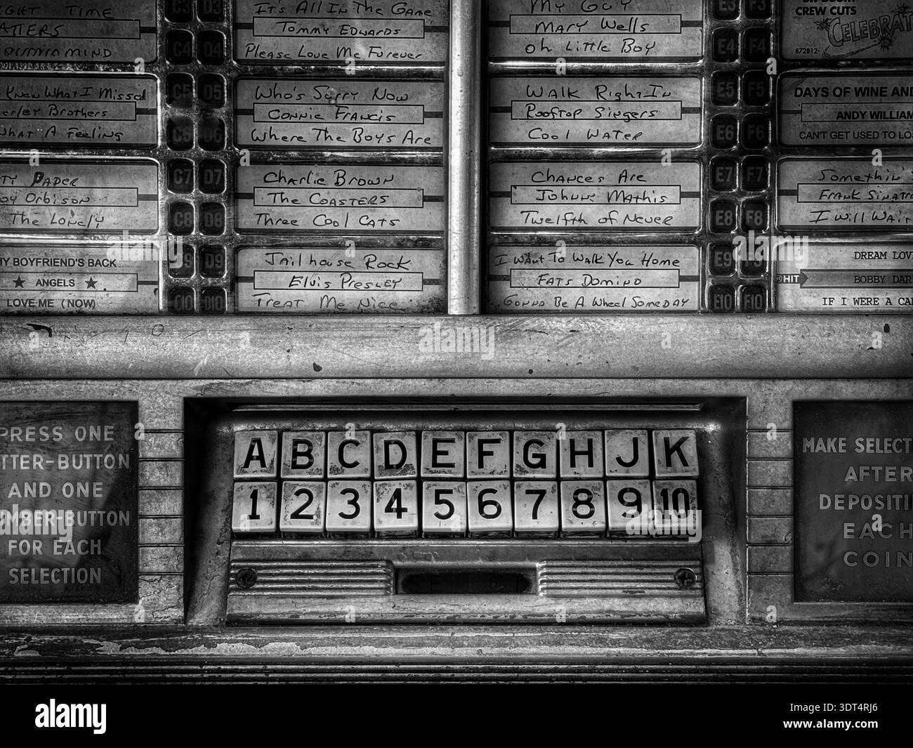 Vintage jukebox song‑selection panel in black and white - Smartphone Captured Stock Image