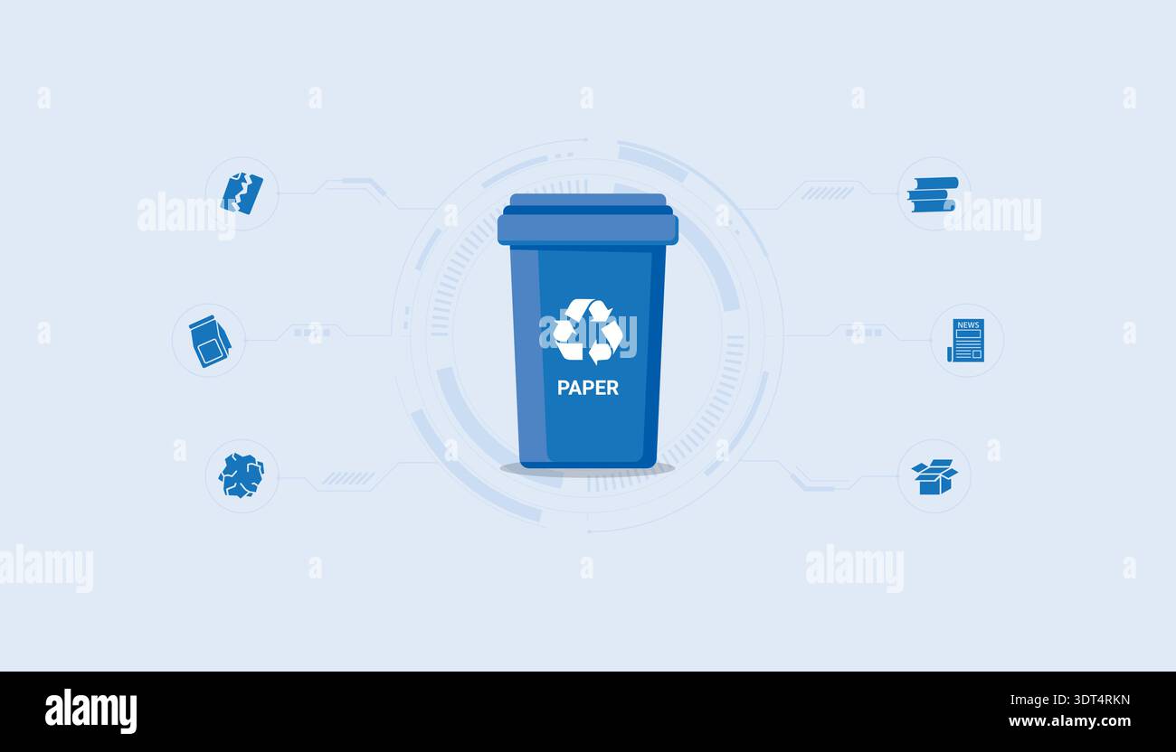 Paper recycling bin with document icons, eco friendly waste sorting and ...